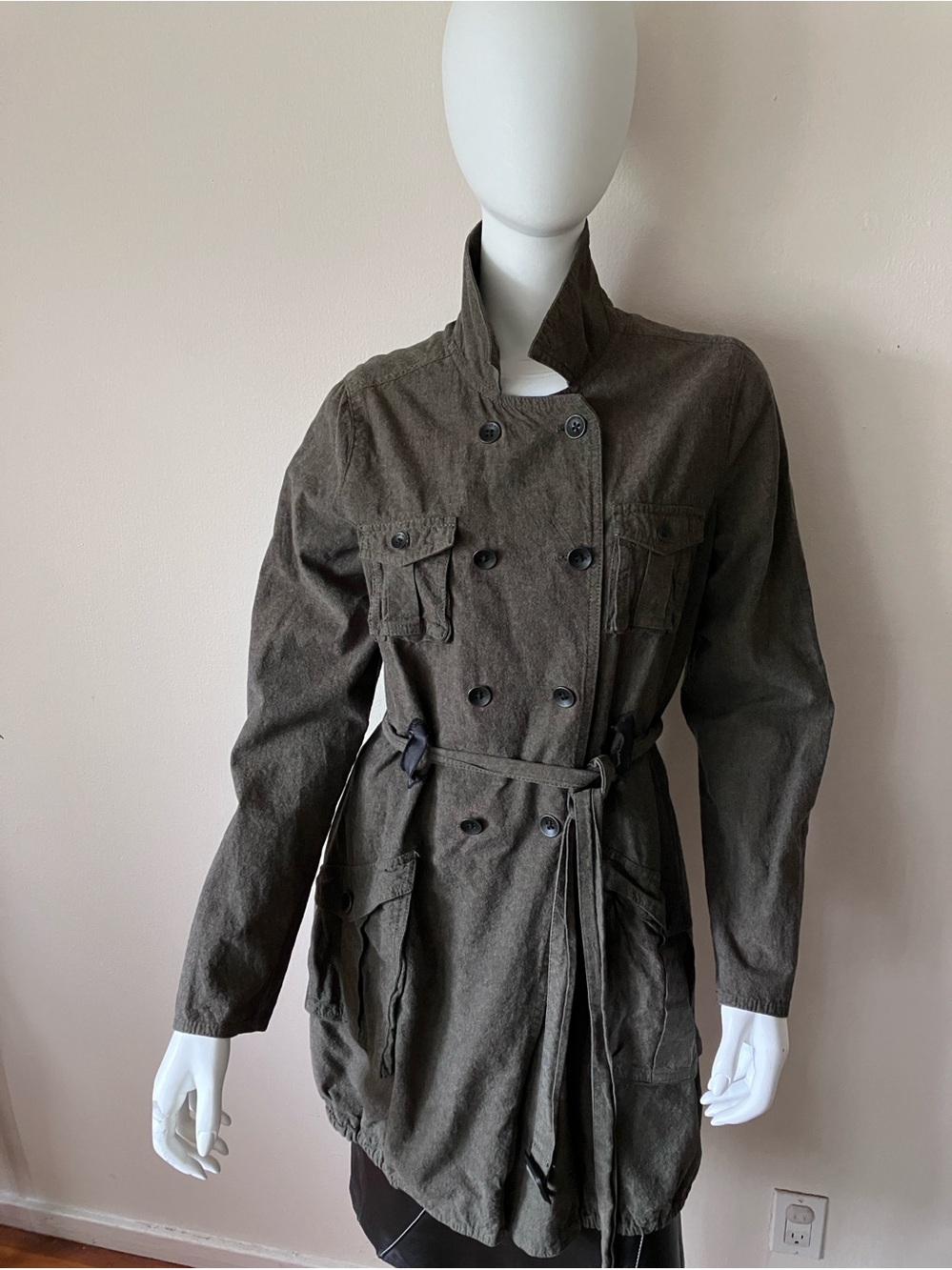 VTG DKNY light olive cotton double breasted trench coat